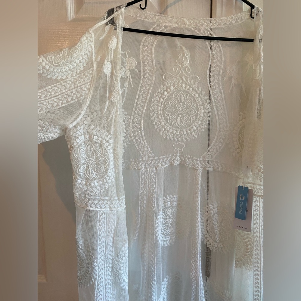 White lace beach coverup. Tie front. NWT